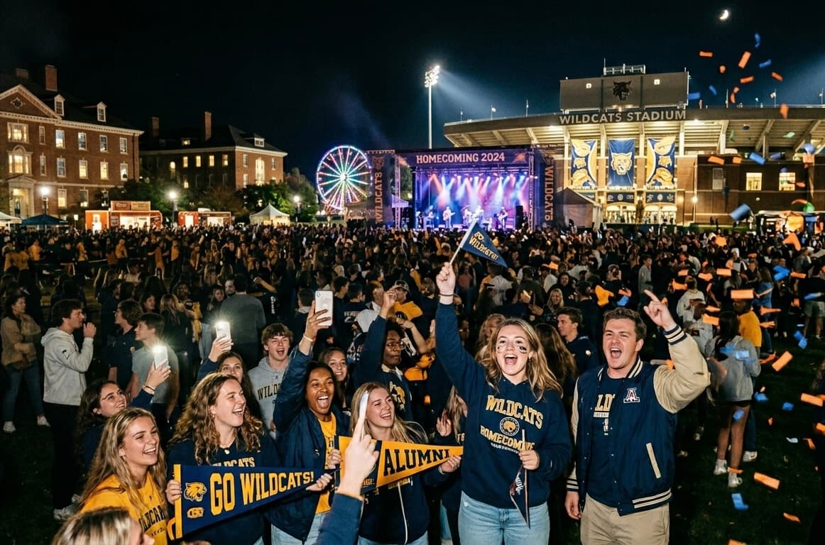 Students celebrating together in the homecoming crowd at night