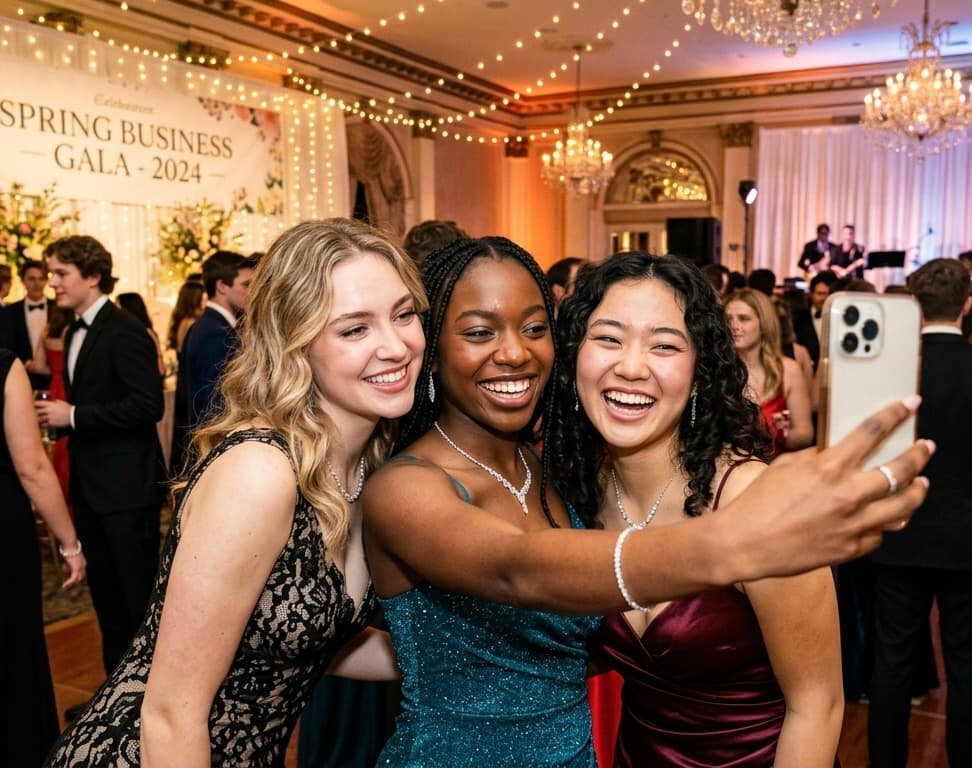 Friends taking a photo together at the spring gala